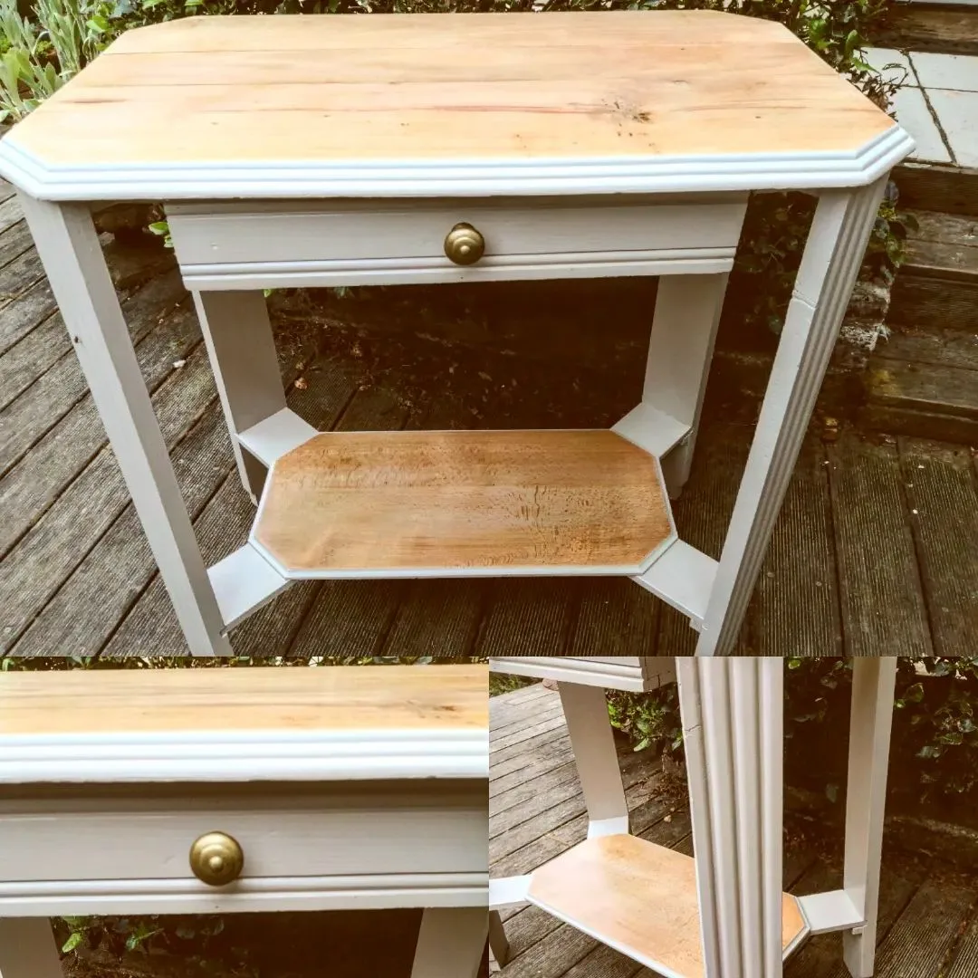 Relooking d'un meuble en hêtre des années 40 avec des peintures Little Greene, finition couleur lin pour un style élégant.
